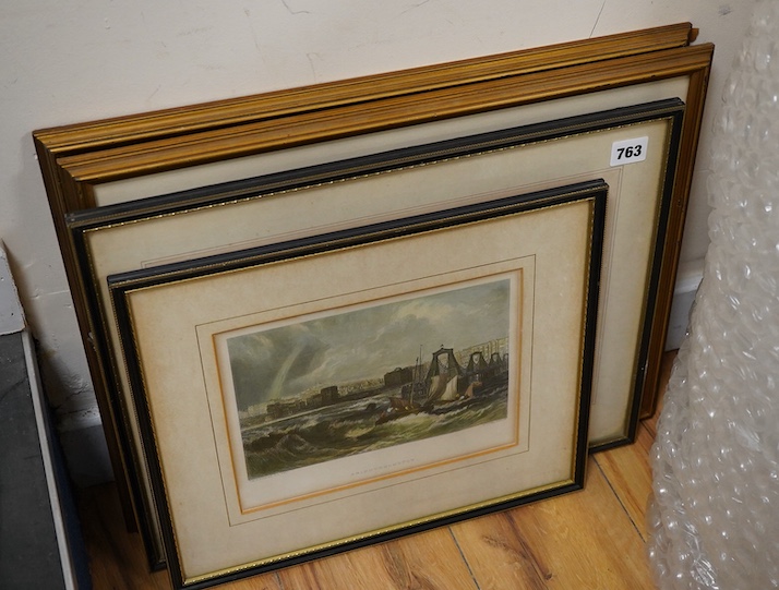Four 19th century Brighton interest prints and engravings to include: after Joseph Mallord William Turner, ‘Brighton Chain Pier’ and after Gatwick, ‘Pavilion, Statue of the King’, largest 20 x 31cm
